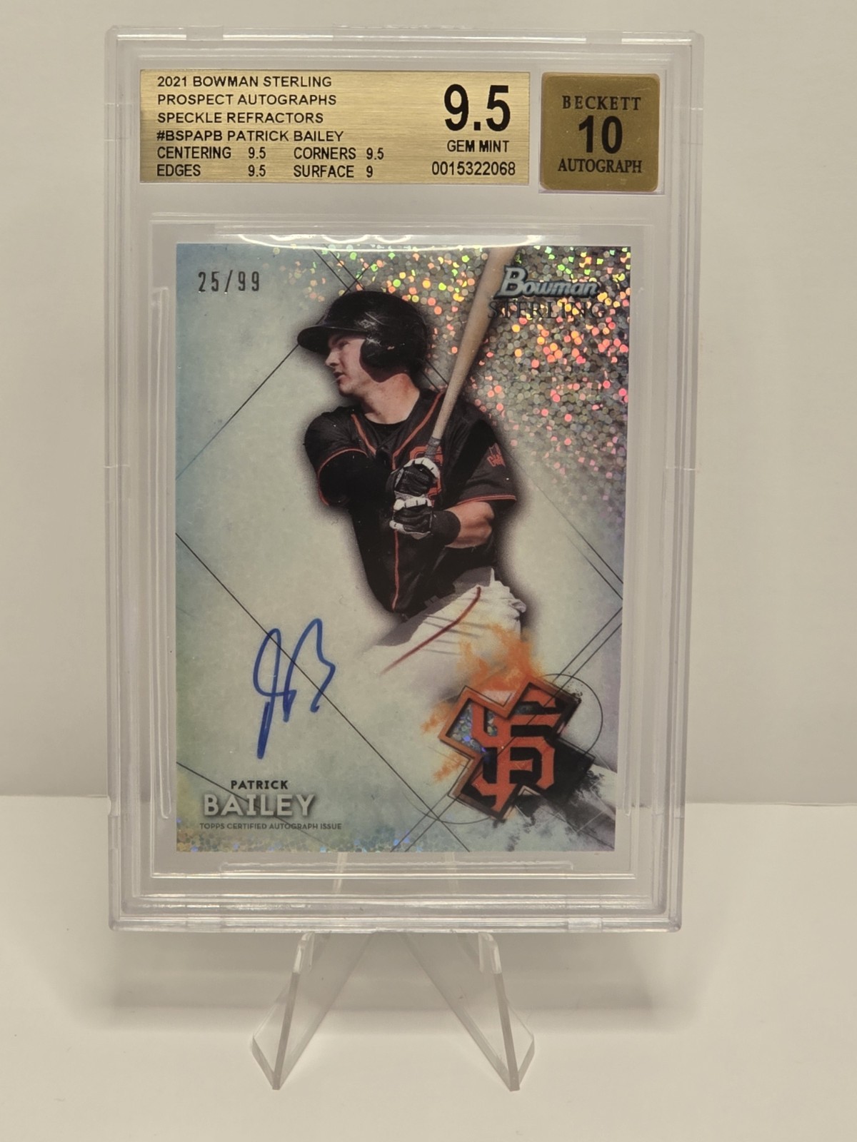 2021 Bowman Sterling Prospect Autographs Patrick Bailey Speckle /99 Beckett 9.5