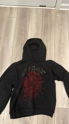 Sp5der Men's Black/Red Fleece Cotton Spider Web Graphic Hoodie, Size M