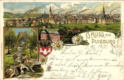 Artist litho Duisburg in the Ruhr area, total view, waterfall at... - 4460503