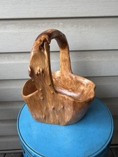 Burl Wood Free Form Hand Carved Primitive Folk Art Basket Bowl 10  Marked AF