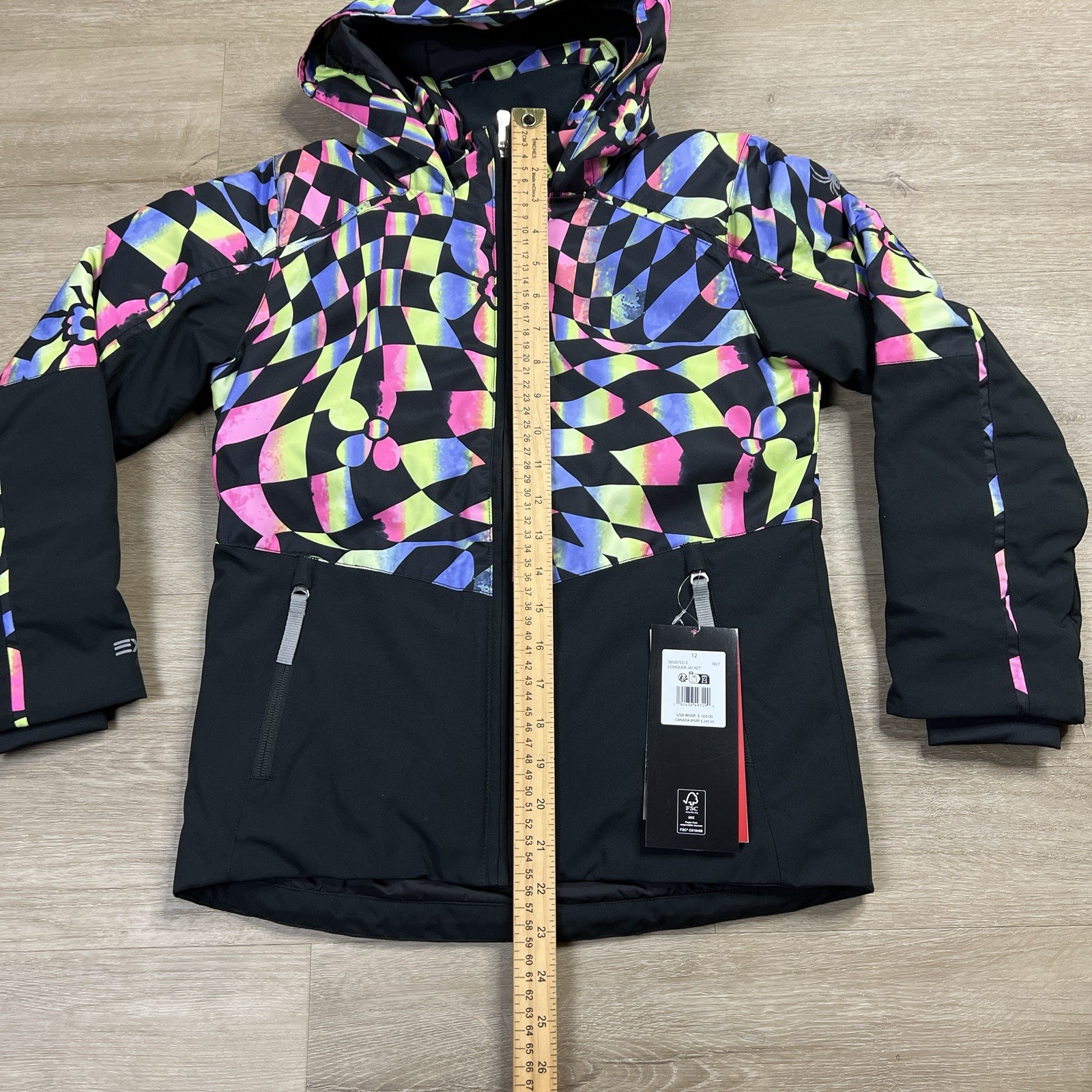 Spyder Conquer Jacket Ski Snow Full Zip Hooded Geometric Girls Youth Size 12 NWT