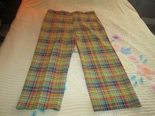 Vintage Polyester Knit Plaid Knit Wide Leg drawstring Pants Unisex Boho Hippy Lg