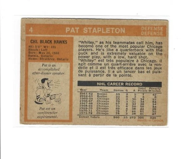 1972-73 O-Pee-Chee #4 Pat Stapleton VG - Image 2 of 2