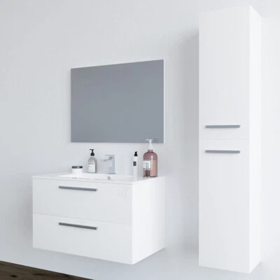 Mobile Bagno 80 cm lavabo ceramica specchio colonna BIANCO due cassetti Melissa