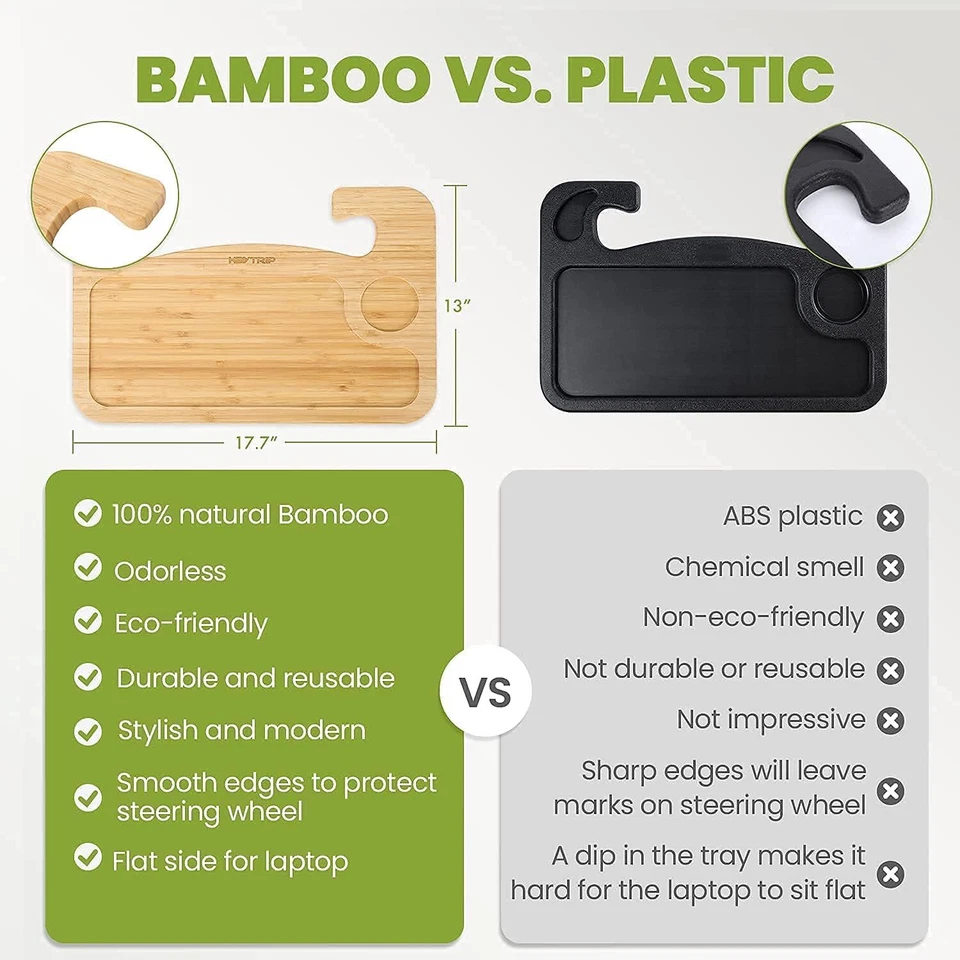 Bandeja de bambú para volante de coche 2 en 1 bandeja para volante de coche portátil mesa de comida Foto 4 de 4