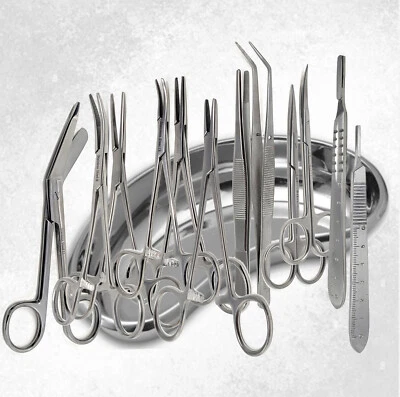 HTI BRAND Set of 13 Pieces Basic Minor Surgery Kit Steel Kidney Tray Surgical Instruments