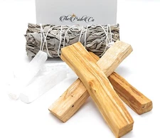 4" White Sage (1) And Palo Santo Smudge Incense Stick/Wood (3) With Selenite