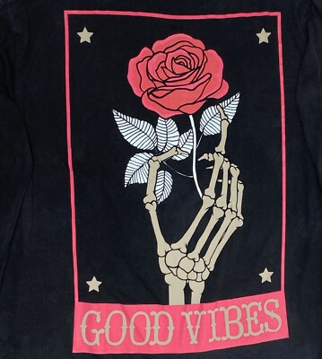 Skeleton Hand Red Rose Women L Long Sleeved T-Shirt Good Vibes Priority Mail Shp