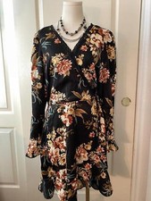 Xhilaration Black and Floral Tropical Wrap Robe Dress Knee Length Long Sleeve
