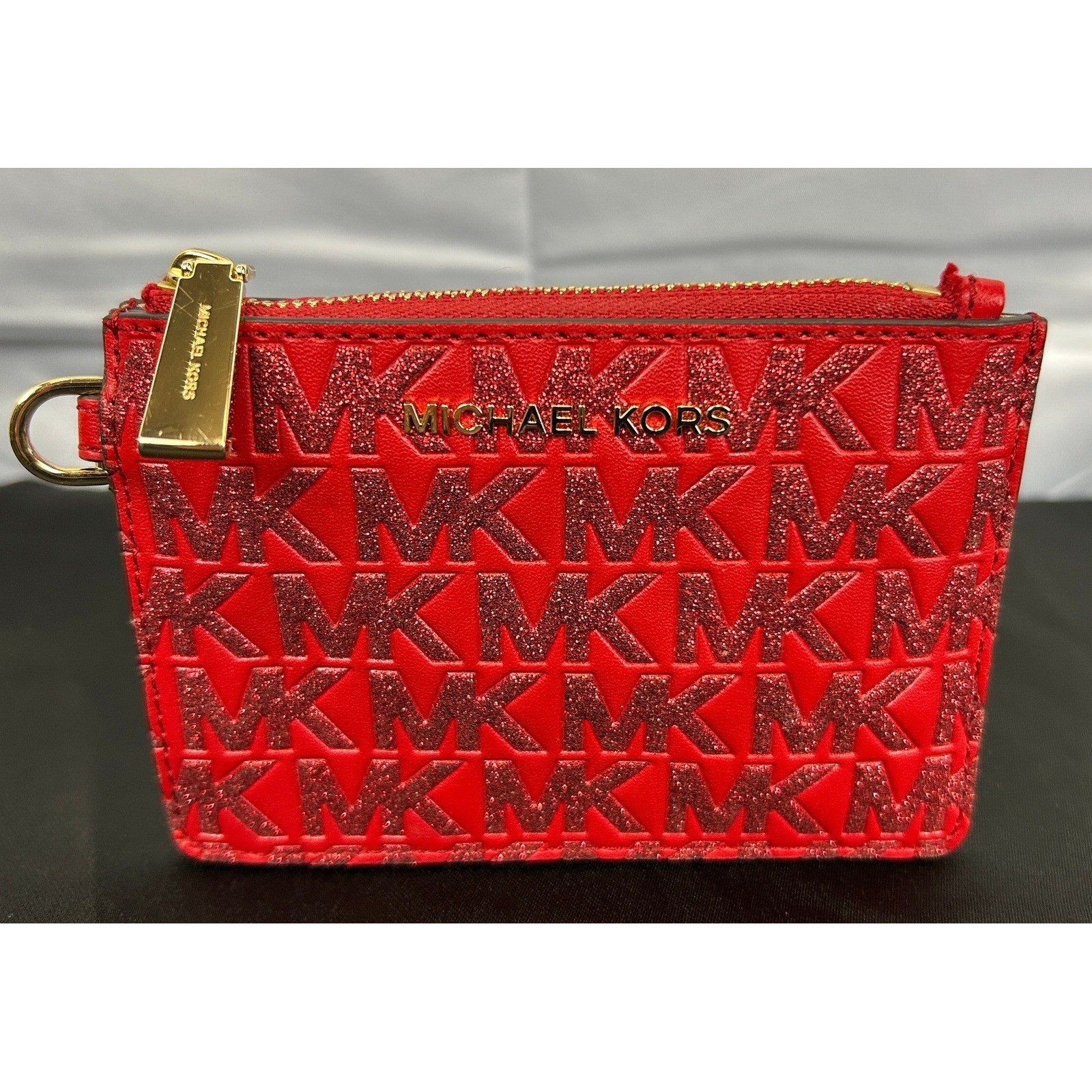 Michael Kors Jet Set Red Glitter Zip Card Holder Wristlet Coin Pouch thumbnail 2