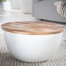 Runder Couchtisch INDUSTRIAL STORAGE 60cm weiß natur Mangoholz Stauraum handmade
