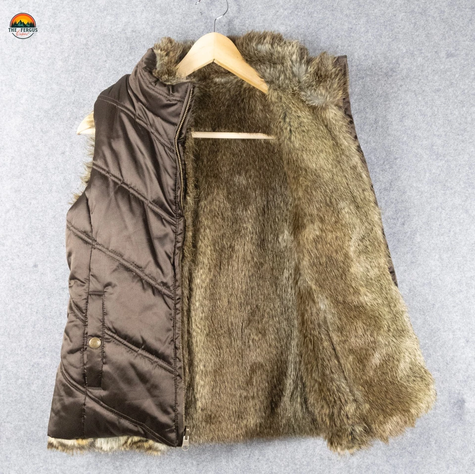 Gap Puffer 背心棕色双面人造毛皮全拉链黄铜扣女孩 XL/男孩 L — 第 2/4 张图片