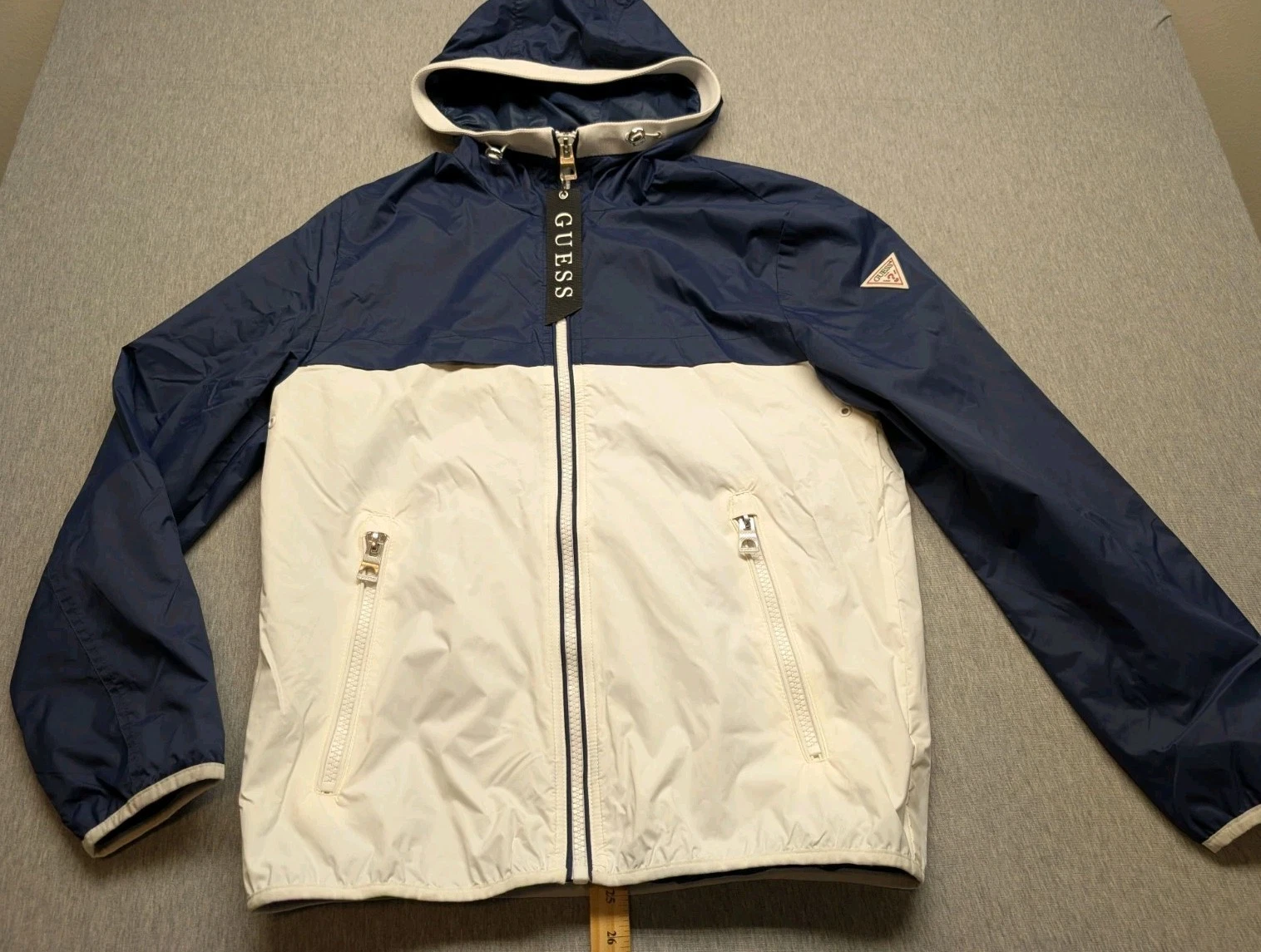 Guess Jacket Mens Small Navy White Shell Windbreaker Hooded USA Large Guess Tag