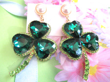 2.75" SHAMROCK CLOVER ST PATRICK'S DAY RHINESTONE IRISH SHAMROCK DANGLE EARRINGS