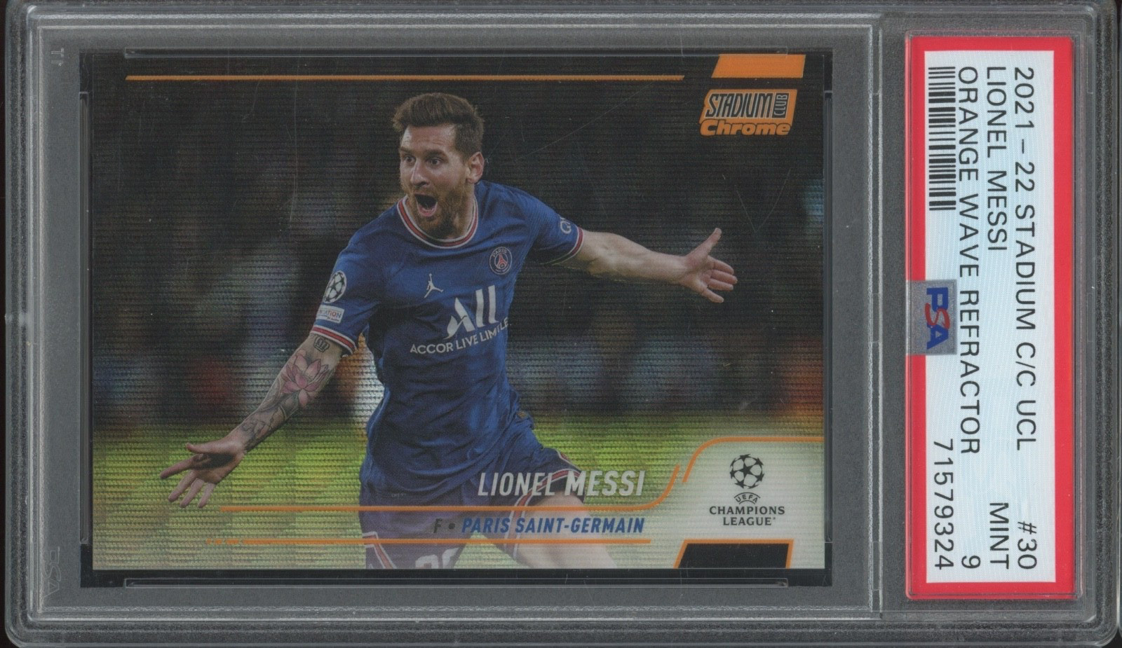 2021 Topps Stadium Club Orange Wave Refractor #30 Lionel Messi 1/25 Mint PSA 9
