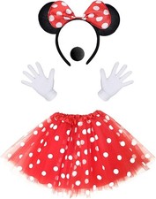 Minnie Maus Kostüm Damen – Rot gepunktetes Tutu, Haarreif, Handschuhe, Nase