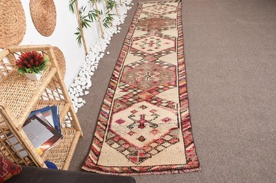 Vintage Turkish Runner Rug 2,5x11,3 ft, Herki Beige Wool Rug