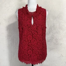 J.Crew Red Lace Ruffle Neck Top Size L Sleeveless Shell Victorian Holiday Blouse