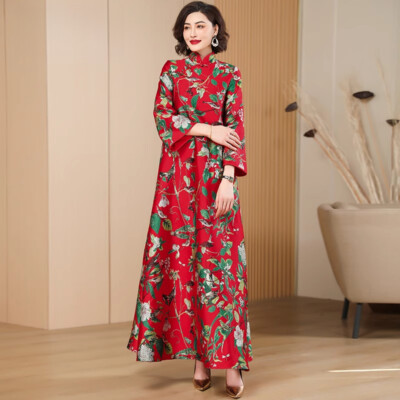 New Red Chinese Style Womens Loose Printed Floral Luxury Long Dress New Dresses