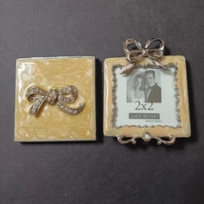 Aaron Brothers 2 x 2 Jewelled Enameled Mini Picture Frame & Pocket Mirror Metal
