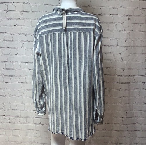 Catherine Malandrino NWT Blue Chambray Striped Fray Hem Linen Blend Blouse Top L - Picture 5 of 11