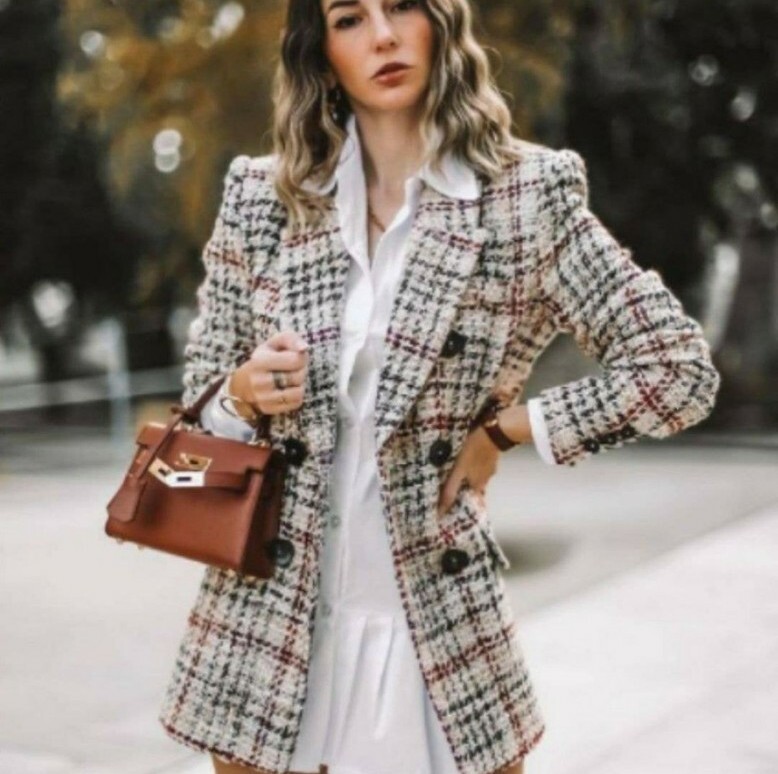 ZARA Double Breasted Textured Check Blazer Size M Blogger's
