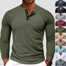 Mens Ribbed Henley Shirts Long Sleeve Buttons Neck Grandad Casual T-Shirt Tops