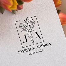 Personalized Couple Initials, Name and Address Stamp with Elegant Flower Design