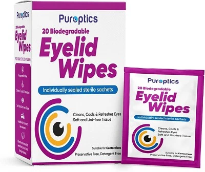 PUROPTICS 20 Blepharitis Eyelid Wipes Detergent Free for Sensitive Eyes
