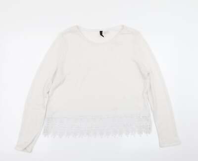 Divided by H&M Damen Pullover weiß Rundhals Polyestermischung Größe M