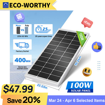 ECO-WORTHY 100W Watt 12V Monocrystalline Solar Panel 12BB Cell For Home RV