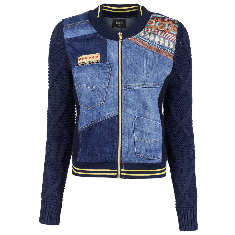Desigual Damen Jeansjacke Bomberjacke in Stonewaschung Patchworkoptik mit Strick