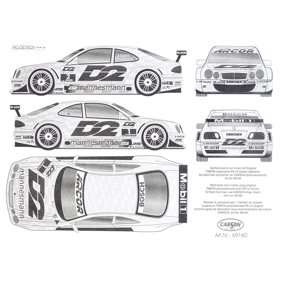 Hoja de calcomanías 1:10 Mercedes Benz CLK D2 Mannesmann DTM 2000 pegatina Carson 69160 Foto 3 de 3