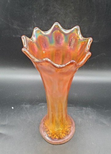 Vintage Iridescent Marigold Carnival Glass Stretch Glass Vase 9.5" Thumbprint - Picture 2 of 11
