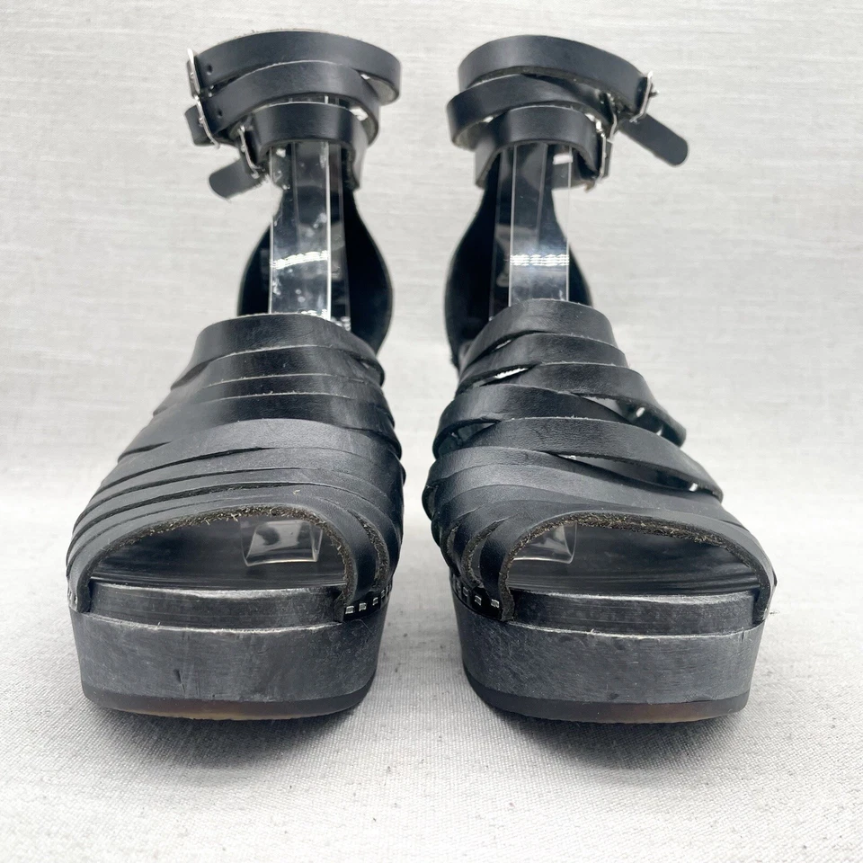 Swedish Hasbeens H&M Womens 8 Gladiator Wedge Sandals Black Leather Platform - Image 2 of 4