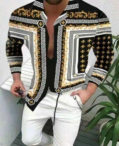 Button Down Shirts Herren Barock Schwarz Gold Mode Langarm Freizeit Partykleid - Bild 1 von 1