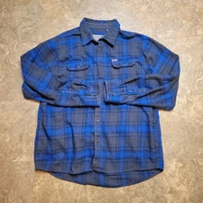 Orvis Big Bear Heavyweight Flannel Shirt Mens XL Blue Gray Plaid Button Up 