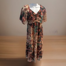 Adelyn Rae Sz S Flowy Boho Peasant Fairy Tiered Crochet Autumn Floral Midi Dress