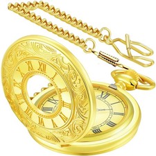 Vintage Pocket Watch Roman Numerals Scale Quartz Pocket Watches with Chain Ch...