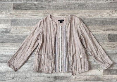 Tahari beige/grey linen blend open front jacket cardigan size small B43