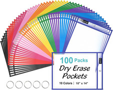 100 Packs Oversized Reusable Dry Erase Pocket Sleeves with 5 Rings, 10 Assorted