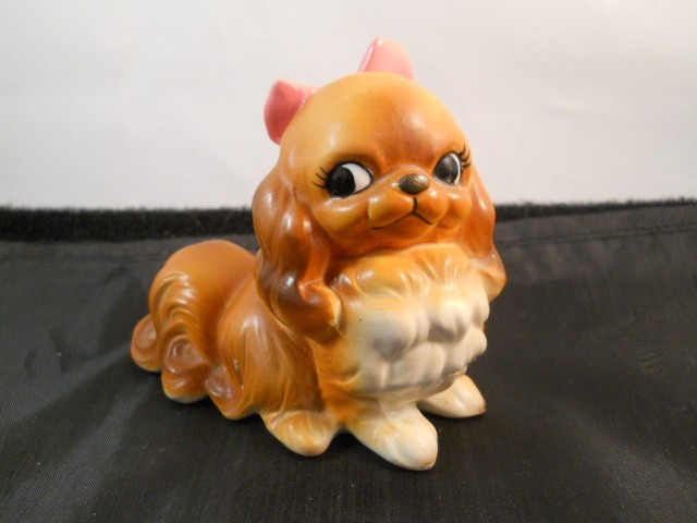 VINTAGE WHITE & BROWN PORCELAIN PEKINGESE DOG FIGURINE WITH PINK BOW-JAPAN