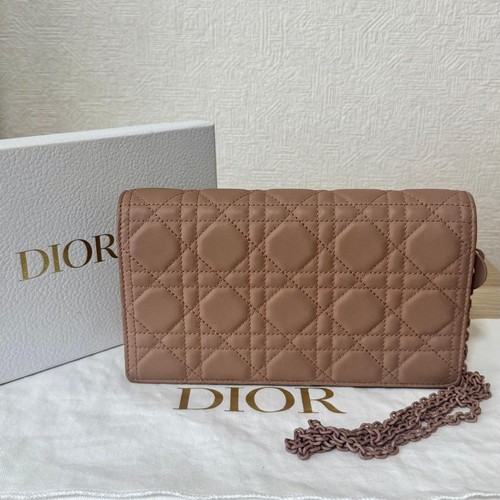 Christian Dior Chain Wallet Pink Beige Genuine Leather Used From Japan