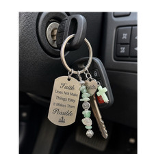 Christian Faith Key Chain - Cross Charm - Silver Green - Stone  Metal