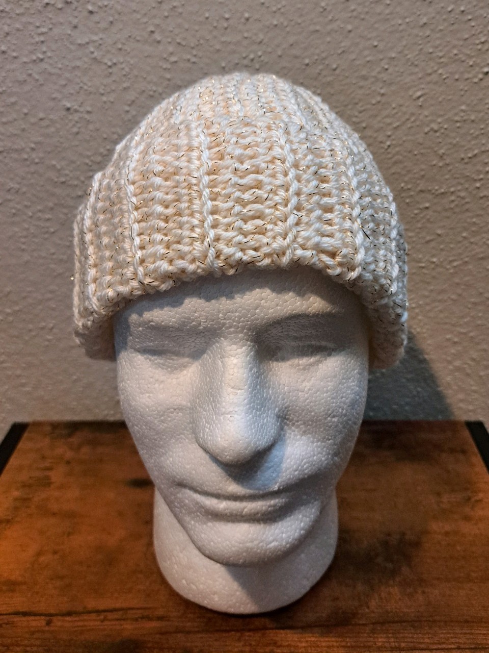 Handmade Crochet Winter Beanie  White Gold Metal Sparkle