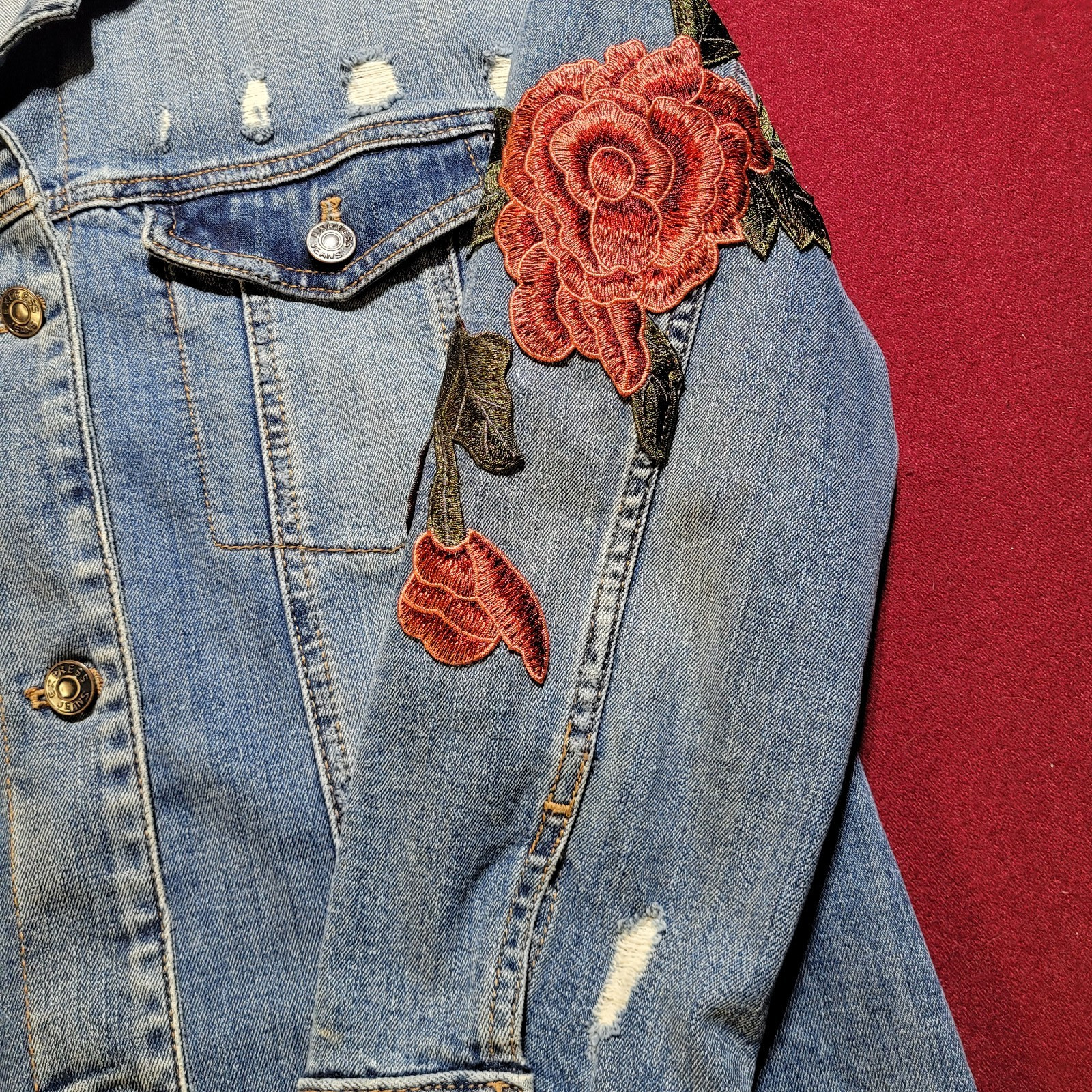 Express Jeans Button Denim Jacket Red Floral Embr… - image 8