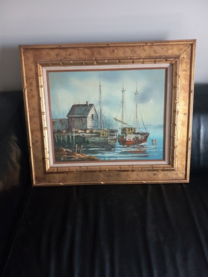 #ad #ad Framed Harbor Scene Oil Painting signed by R.Porter $52.50