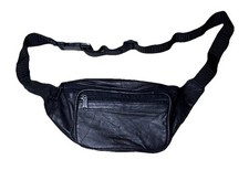 Vintage Genuine Black Leather Fanny Pack With Front Zipper Pocket ,Made In India