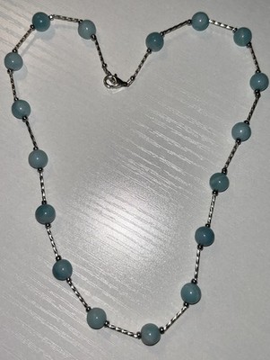 Vintage 925 Sterling Silver Genuine Sky Blue Amazonite Bead Station Necklace 16 