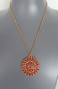 Authentic NEW Gold Plated RED Faceted Teardrop Stones Medallion Necklace NWOT